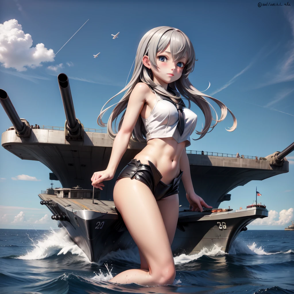 ((Best Quality)), ((Masterpiece)), (detailed), girl on a warship at sea with an arrogant expression against some warships 