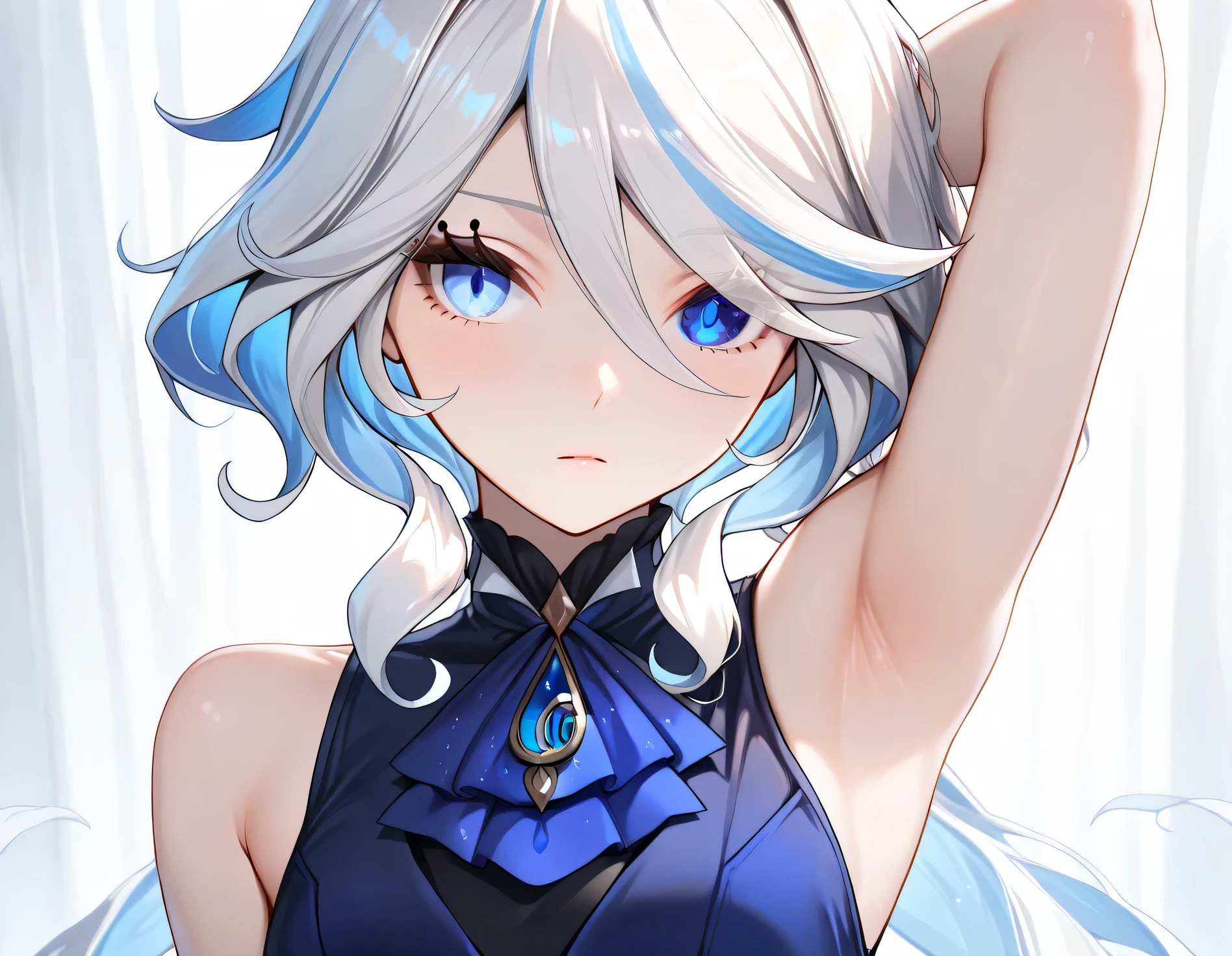Furina,1girl,solo,long hair,blue eyes,white hair, heterochromia,detailed eyes,(sleeveless:1.2),, 1girl, , (masterpiece,best quality:1.2),absurdres, Armpit