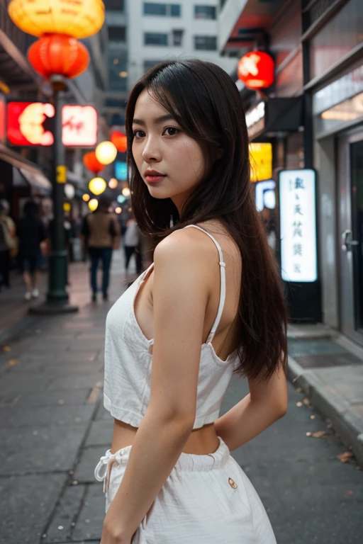 age 8, realistic close portrait of very beautiful girl, a young supermodel girl, asian market backgroud, shop neon signs, night city lights, green eyes, full body photo, photo realistic, perfect fitness body, long legs, beautiful perfect symmetrical face, expressive eyes, doe eyes, high cheekbones, long hair, long beautiful flowing ink like hair, delicate makeup, aperture 1. 8, bokeh, lens flare, melancholy expression, extradimensional, ultra hd, hdr, 8k, cinematic lights, extremely high details, asian market backgroud, shop neon signs, night city lights
