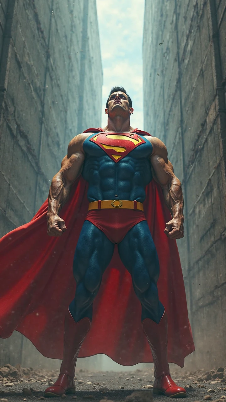 1 man full body fully shaven black hair blue eyes huge muscular 13 big thick penis large testicles greeting the viewer superman costume age 18 morning