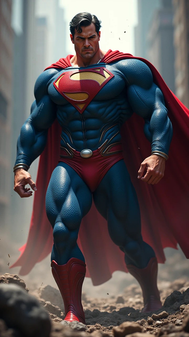 A robust and muscular superhero who wears a cape and diamond armor.