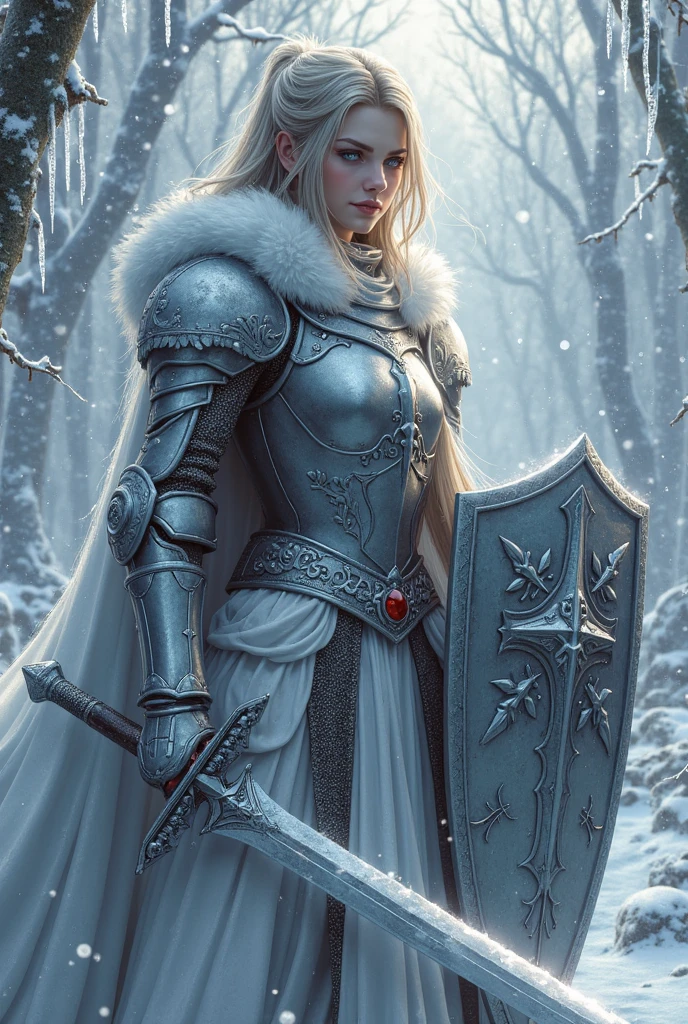 ((upper torso, armored female barbarian savage, battle worn white lacquered gloss armor:1.6, fur, white cloak, ((((supermodel, triangularface, pointed chin)), short curly [bright blonde hair:tan hair:0.7], black lips))), iceblue eyes, blackout eyeshadow, iron tiara), braids, massive glowing red fang engraved sword, windy, outdoor frozen snow snowy forest, dynamic battle pose, lunging, side view
