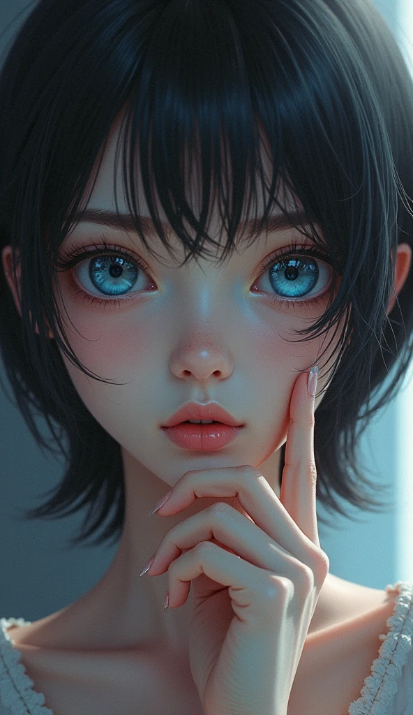 masterpiece, best quality, good quality, very aesthetic, absurdres, newest, 8K, depth of field, focused subject,
dynamic angle, fantasy, dark_fantasy_illustration, 
, beauty, beautiful, beautiful skin, detailed face, ((five fingers)), detailed facial features, detailed background, detailed eyes, pupils, eye iris, close up, close view, close angle, 
BREAK
1girl, She is a college girl. She has an average-height stature and her build would best be described as lean. She has pale skin and blue eyes, and her short raven hair is in a simple bob. She has small  and a round . Her most d