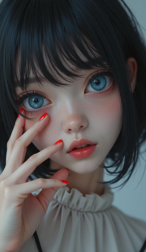 masterpiece, best quality, good quality, very aesthetic, absurdres, newest, 8K, depth of field, focused subject,
dynamic angle, fantasy, dark_fantasy_illustration, 
, beauty, beautiful, beautiful skin, detailed face, ((five fingers)), detailed facial features, detailed background, detailed eyes, pupils, eye iris, close up, close view, close angle, 
BREAK
1girl, She is a college girl. She has an average-height stature and her build would best be described as lean. She has pale skin and blue eyes, and her short raven hair is in a simple bob. She has small  and a round . Her most d