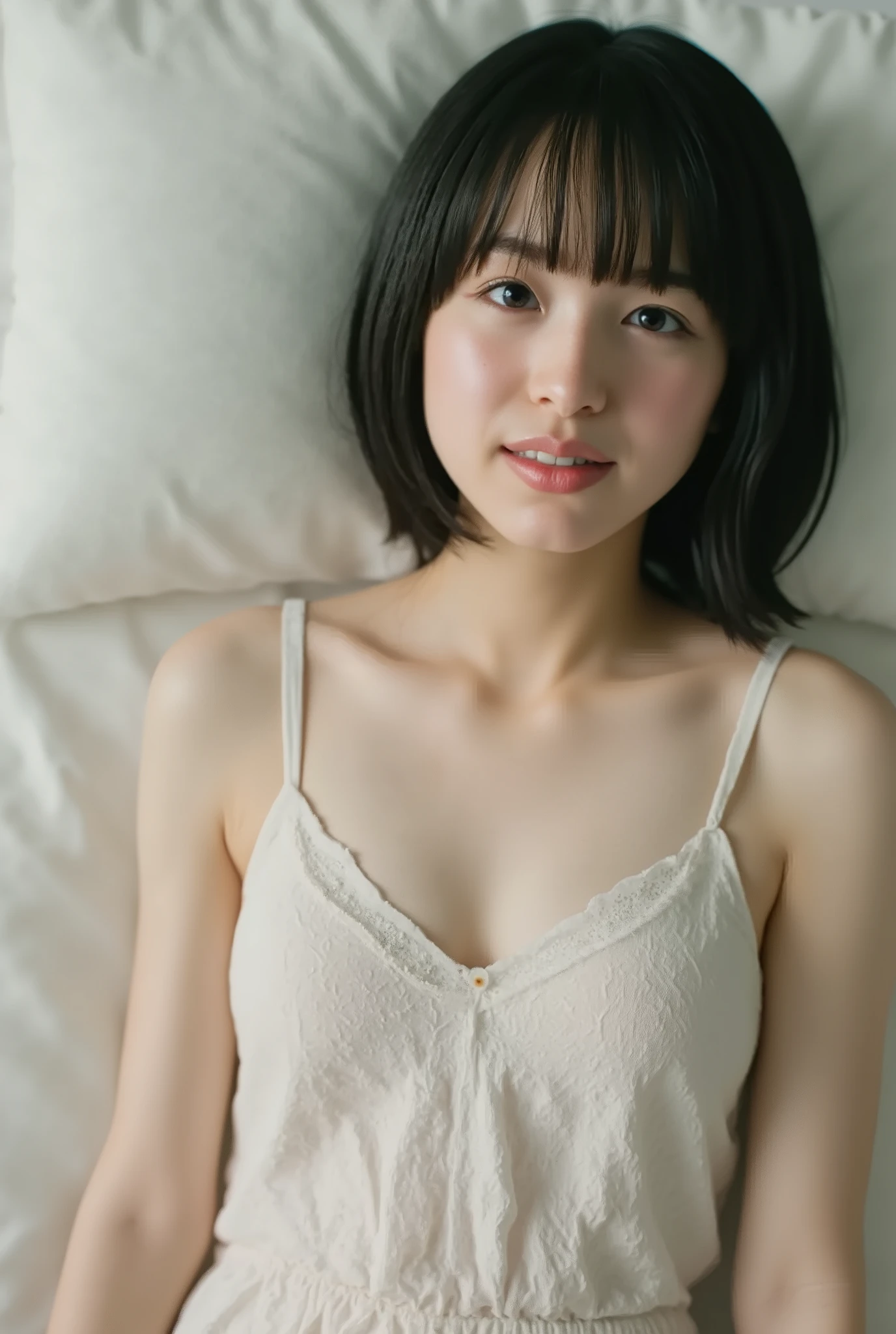 (( of the highest quality )), ((masterpiece)), ( details), first person view ,one girl on her back, petite women, Voluptuous women ,( in the bedroom ),((and open my mouth wide )),((very large breasts, underwear, short bob hair)), black hair with a young pattern , (( without makeup, small eyes))