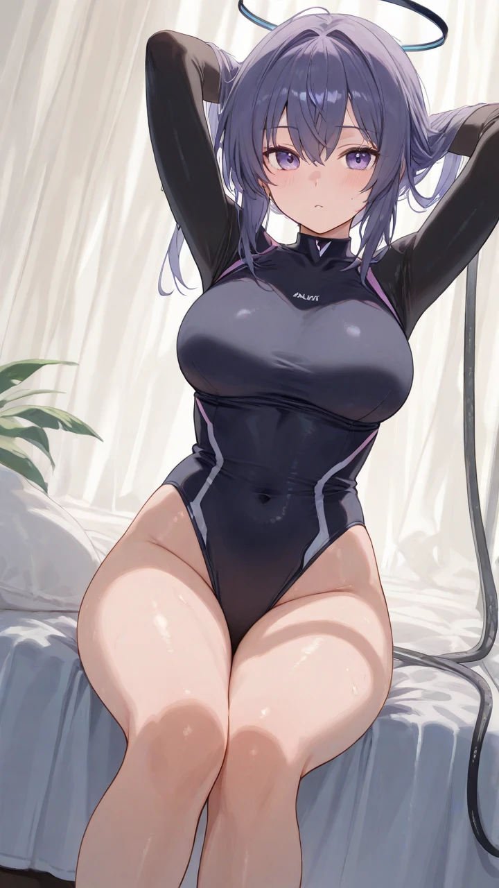 (Highest quality), (High resolution), (masterpiece), (Very detailed), Wolf Ear, Silver Hair, Long Hair, Bright Blue Eyes, One Girl, Silky skin, Shiny skin, Athletic build, blush, Heavy breathing, chest, Wearing a competitive swimsuit, Front view, (Bright saturation), Sexual pose, Dripping love juice, Heart pupil, Trembling with sexual climax, Heavy breathing, Masturbating on the bed