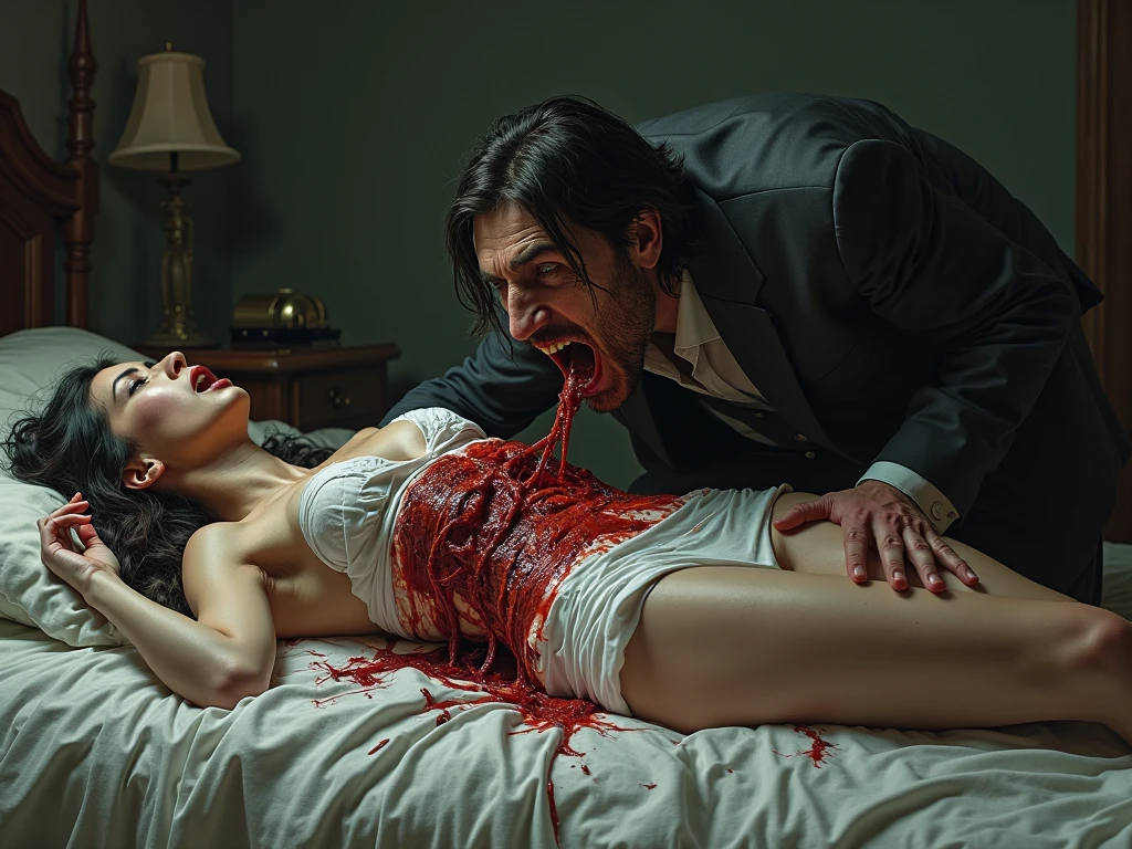 A gothic pale white woman, black thigh high socks, tall high heels, black wavy hair, standing tall directly over a man lying down on the floor with his back on the ground, she's putting her high heel inside into his eye hole, her whole high heel is into his eye, her high heel is inside his eye, his eye is bloody and has a hole where her heel is in, his face is bloody and beaten, his white shirt is bloody, the floor has a puddle of blood, the man is yelling in agony.