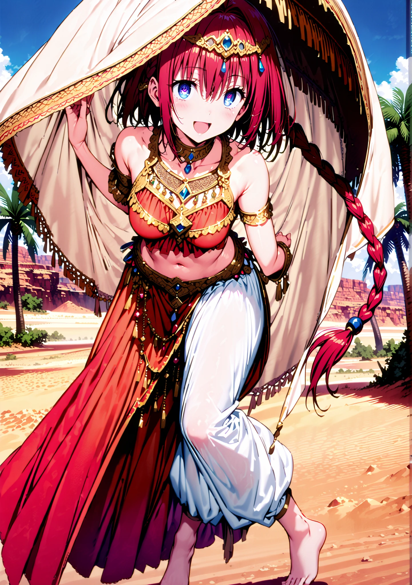 Kurosaki's thing , stupid hair, blue eyes, Single long braid, Hair Intake, hair ornament,red hair,smile,cover,opens her mouth,Medium breast, Harem outfit, White Veil, Arabian clothing,  collar , Mousebale, circlet , harem pants, bare feet,gold trim,  dancer ,Palm Tree,Dancing,full bodyがillustrationsに入るように,break outdoors, desert,オアシス
break looking at viewer,full body,
break (masterpiece:1.2), Best Quality, high resolution, Unity 8k 壁紙, (illustrations:0.8), (beautiful detailed eyes:1.6), very detailed face,  so that it fits into the illustration, Extremely Detailed CG, (perfect hand, perfect anatomy),