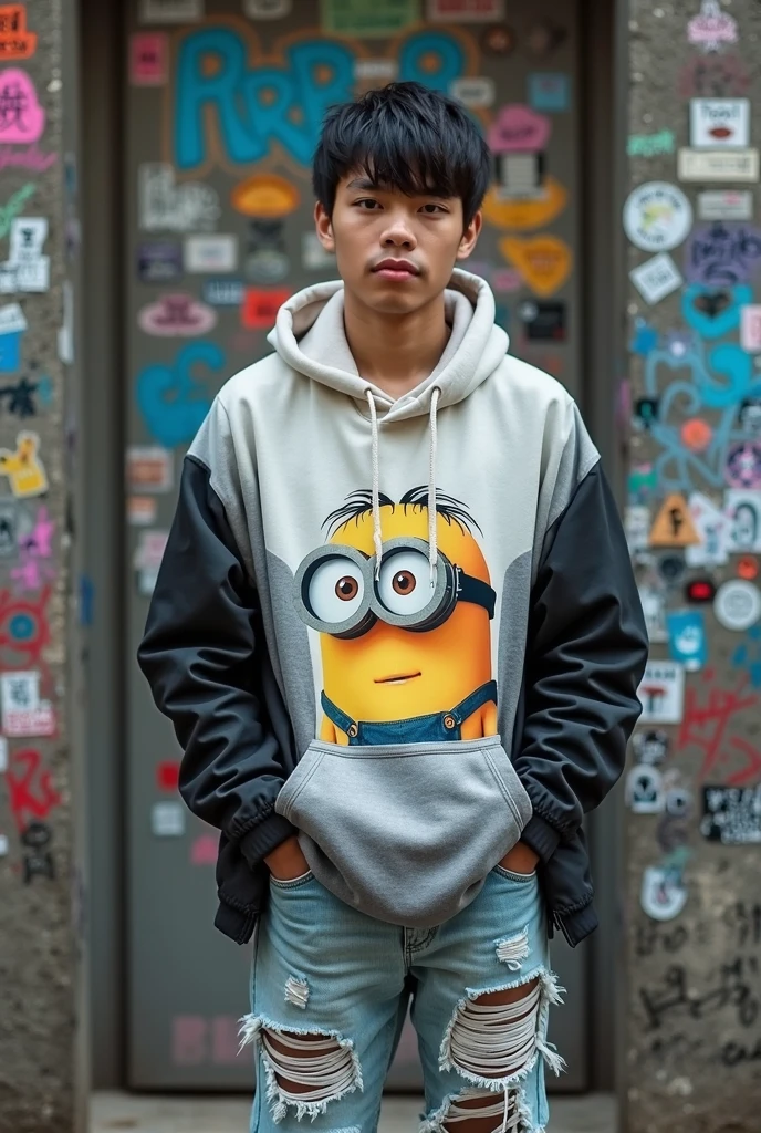 Make a cartoon boy that wear a black shirt and yellow jacket and a rolex watch on left hand. And a best red pant and a black hat and a black specs on his eye and smart cartoon boy 