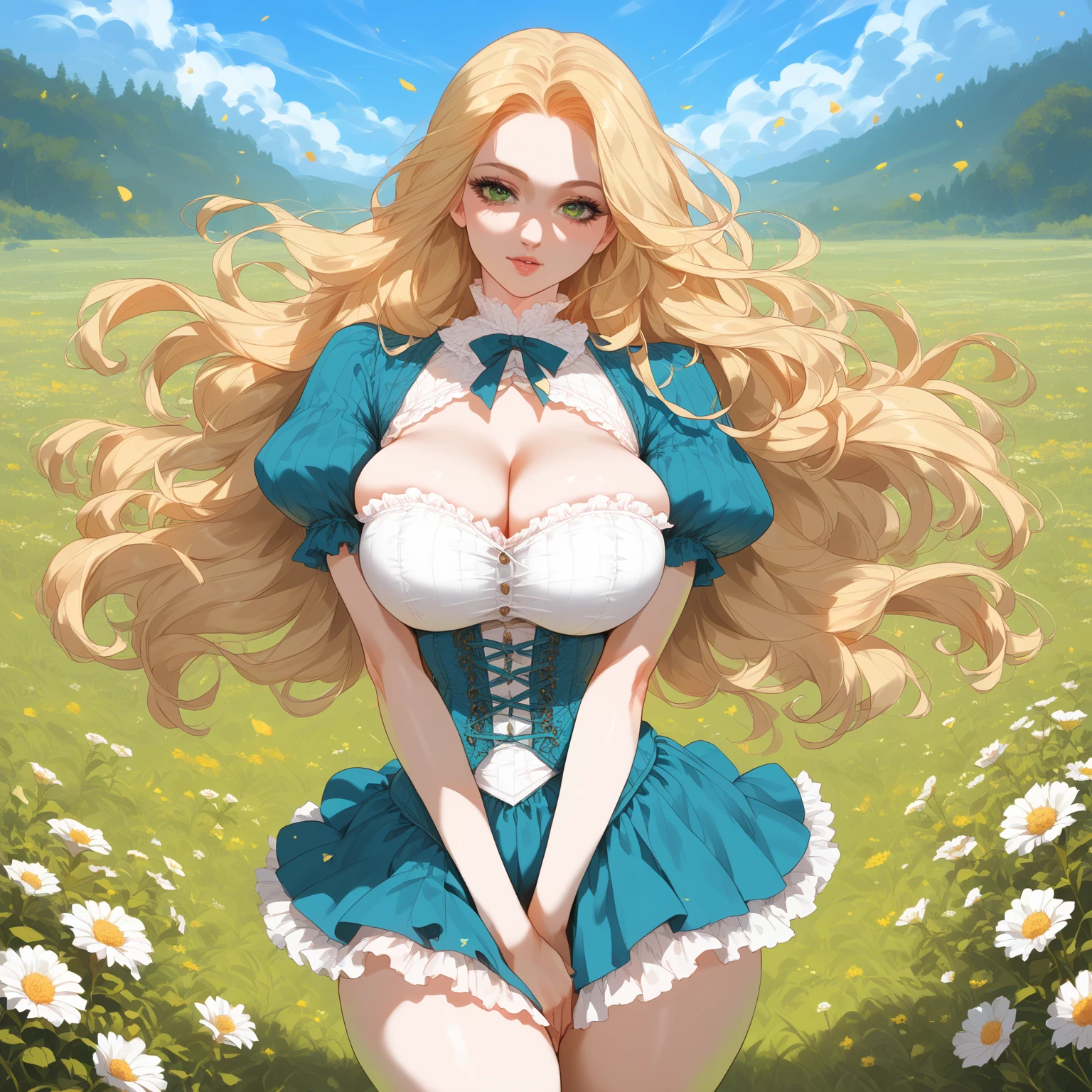 (masterpiece:1.2), (highest quality:1.2),, Curvy but slender body, perfect eyes, perfect face, perfect lighting, 1 girl, long hair, curly hair, fine clothes, detailed outdoor background, compensate, eye shadow, thick eyelashes, fantasy, sexy dress、whole body,alice in wonderland、blue sky、Bright and beautiful face、young shiny glossy white shiny skin、the best beauty、the most beautiful bright blonde hair in the world、thin hair、super long straight hair、Shining beautiful bangs、Shining crystal clear big blue eyes、Very beautiful lovely 17 year old most beautiful girl in the world、big and full breasts、nipple、a sexually excited look、spread your legs wide、((((Lying、After being forcibly、after rape))))、((love juice、semen、Creampie))