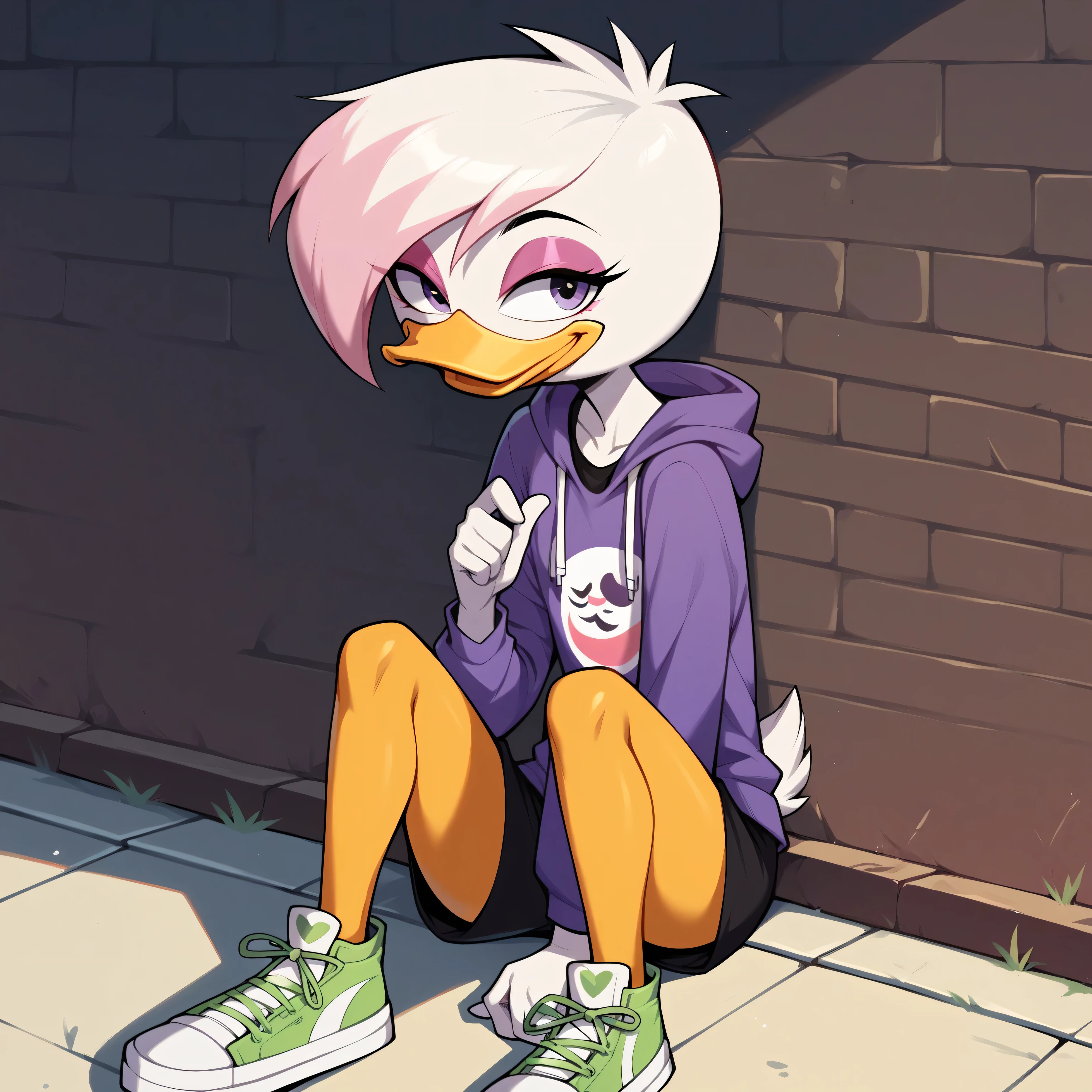 source cartoon, 1girl, female, solo, duck, beak, lena sabrewing, ducktales, duck, beak, scut tail, white skin, white hair, pink highlights, short hair, eyeliner, purple eyeshadow, pink eyeshadow, orange legs, sneakers, friendly, sexy, smiling, happy, sitting, sunny, eye lighting, outdoors:1.2,