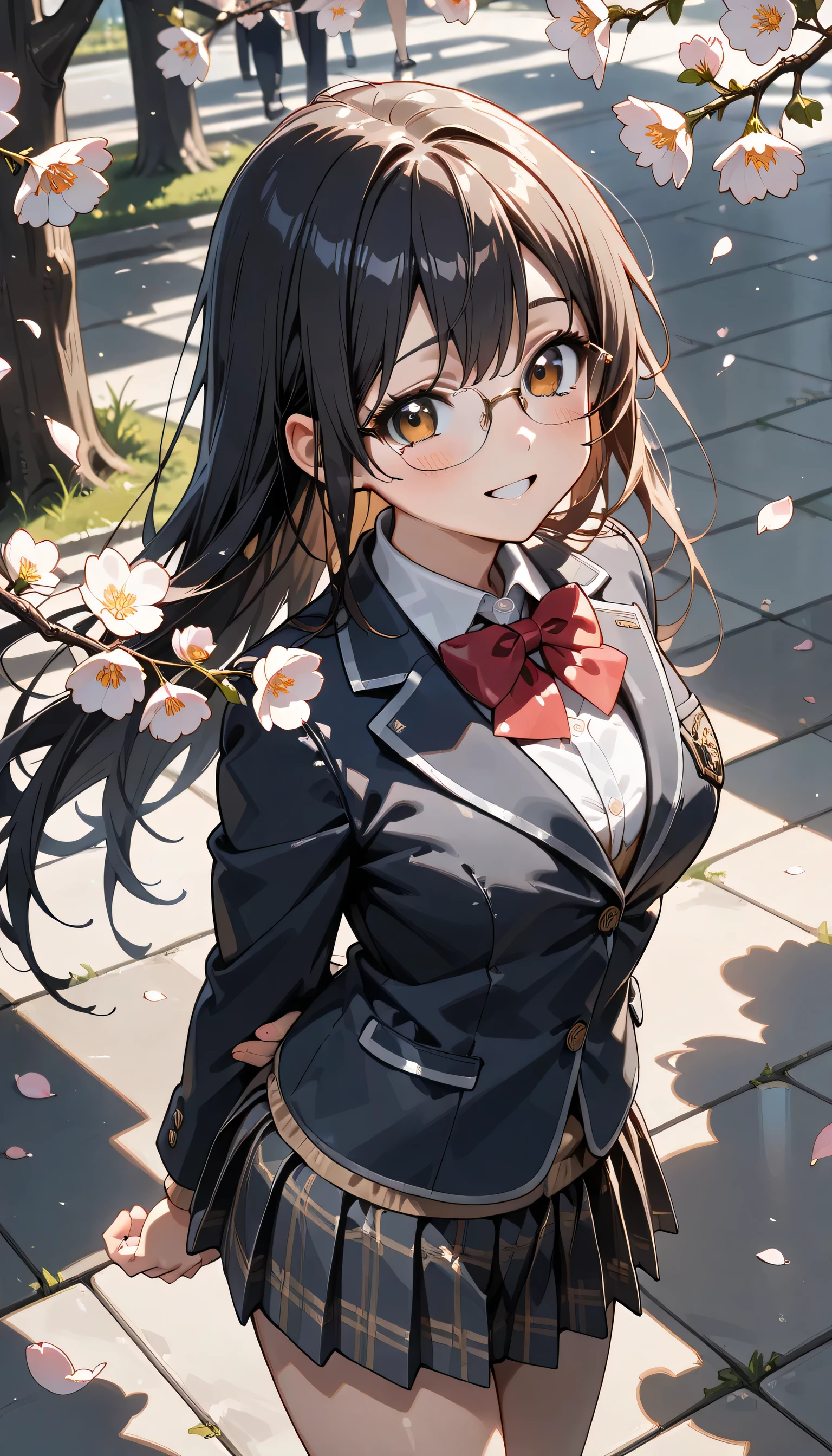 ((ultra-detailed)), (highly detailed CG illustration), (best quality:1.2), ultra-highly detailed, colorful composition, artistic photoshoot, ((upper body:1.3)), 1girl, solo focus, moe anime character, girl, dainty facial structure, (baby face), (round face), ((rounded chin:1.2)), ((ideal ratio body proportions)), brown eyes, ((moist eyes:1.4)), ((wearing glasses:1.3)), ((round eyewear:1.3)), ((black hair color)), long half, ((half updo)), (hair ribbon with red), ((hair is swaying in the wind)), ((sad smile:1.4)), ((cry:1.4)), ((shedding tears:1.4)), ((blush:1.3)), ((open mouth)), ((put hands behind back:1.4)), sample breasts, school uniform, navy blue blazer, modern style with fitted jacket, red neck bow, long sleeves white frilled shirt, navy blue pleated skirt, and black high socks, white panties, ((the wind lifts skirt)), (())from behind:1.3)), from above, ((turn around:1.3)), expecting, pink cheek, blush, light pink gloss slip , beautiful detailed sky, Standing straight, ((standing under a big cherry tree)), ((cherry blossoms in full bloom)), ((cherry blossom petals:1.4)), breeze, petals dancing in the wind, shining sunlight shines, best quality, masterpiece, portrait, depth of field, soft lighting, backlight, (shine), lighting, caustics, ray tracing, perfect face, lustrous skin, highly detailed face, highly detailed eyes, perfect face, perfect nose, perfect hair, perfect eyes, perfect anatomy, beautiful hair, beautiful small face, extremely detailed face, beautiful detailed eyes, beautiful clavicle, beautiful body, beautiful ample breasts, leavage, breasts squeezed together, equalize the size of the left and right breasts, beautiful thin thighs, beautiful legs, beautiful fingers, 4 fingers, 1 thumb, lovely, (very detailed background:1.0), (highly detailed background:1.0), spring aesthetic, intricate details, parting atmosphere, spring colors palette, chromatic aberration