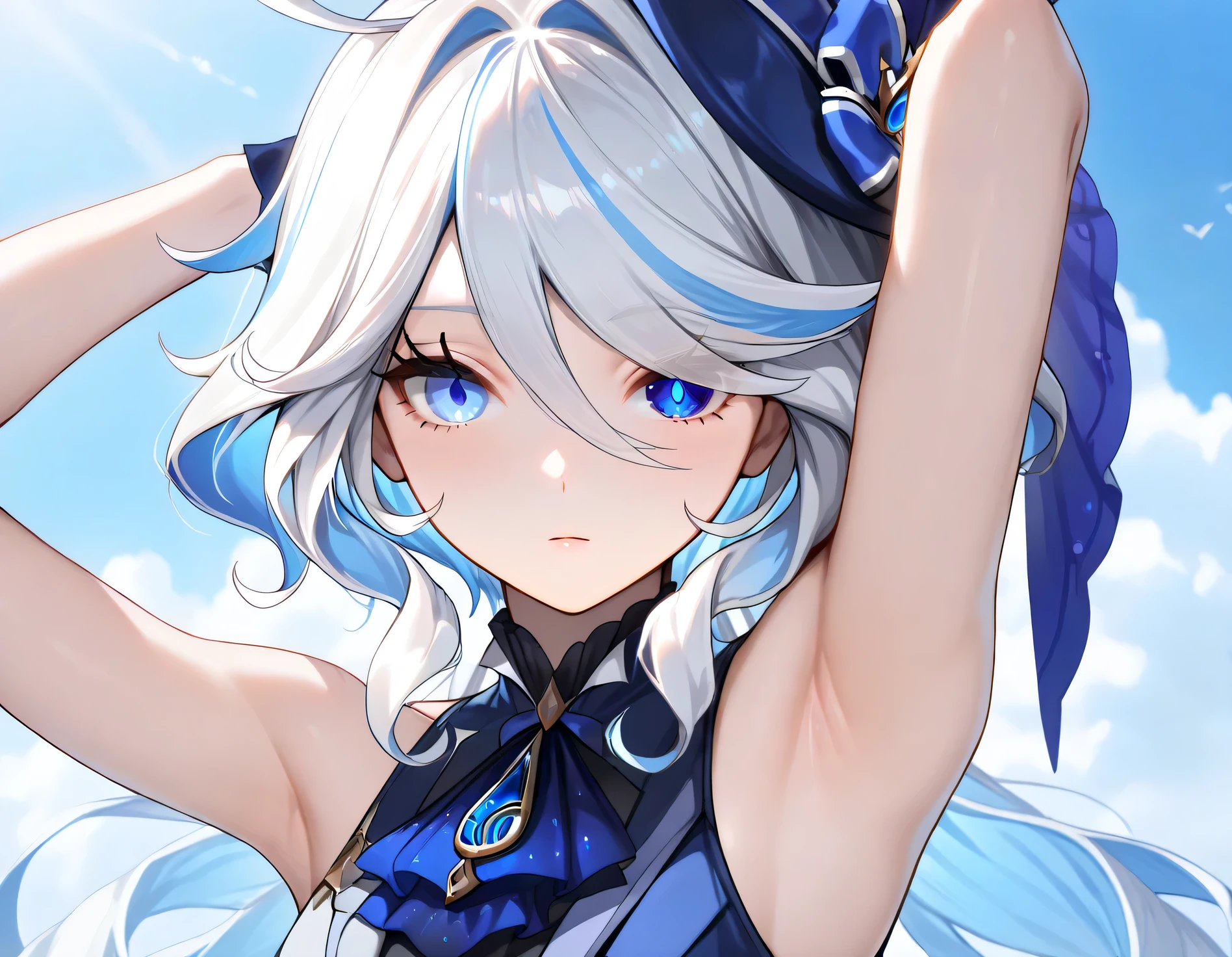 Furina,1girl,solo,long hair,blue eyes,white hair, heterochromia,detailed eyes,(sleeveless:1.2),, 1girl, , (masterpiece,best quality:1.2),absurdres, Armpit