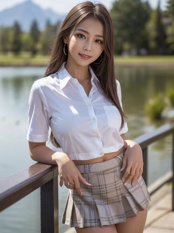 NSFW, Foto sin procisar de 8K, Best Quality, Obra maistra, risolución ultra alta, grano de la Movie, Movie, 1 girl, mirando al ispectador, natural skin texture, detallis realistas de ojos y caras, full lips, lipstick, (make up), red eye shadow, pelo corto y isponjoso, pelo dispeinado, SMILE, Closed mouth, beautiful legs, tall woman, Skinny, Delgado_legs, Alone, huge chest, iscote, Pose with your buttocks towards you, ultra short skirt, is, shirt, beautiful natural location, around the flower location, (antecedentis detallados), tartan skirt, white shirt, huge chest, iscote, Show a little iscote through the shirt, mocasinis, blurred background, blurred, tenure, tartan, short sleeves, love jk on the neck, love jk, Brown hair, bracelet, water, golpis, , jewelry, parted lips, lips, on one side, pleated skirt, depth of field