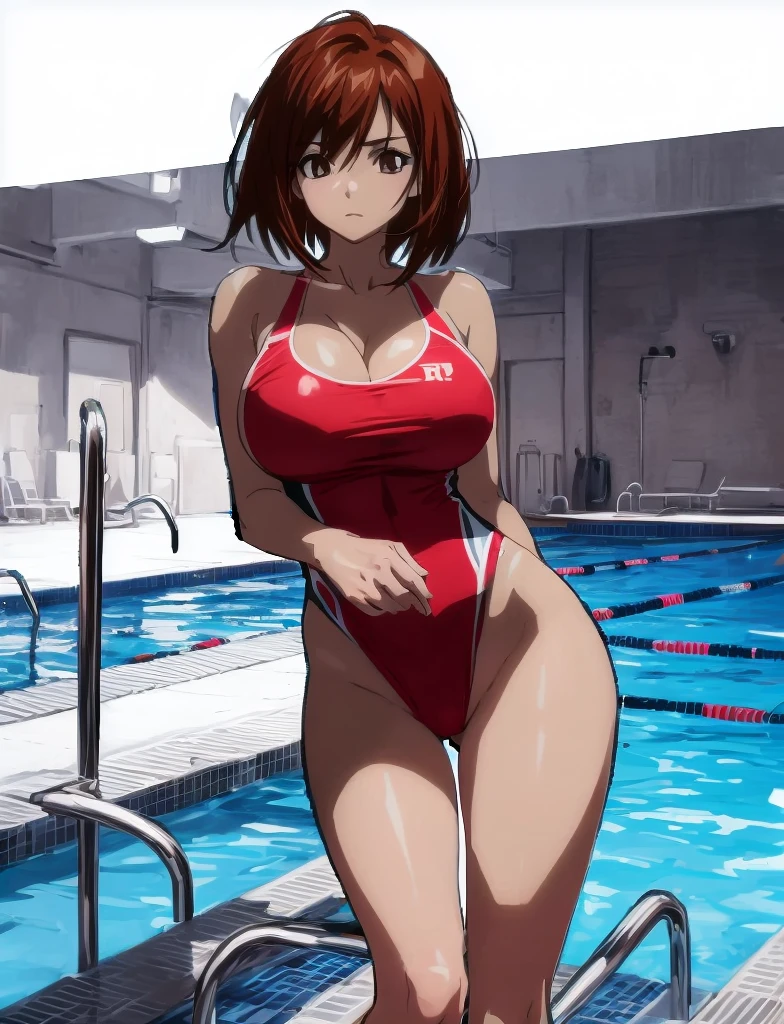 Emphasis on the crotch。Disdainful eyes and angry expressions (Glamorous photo of a dedicated female swimmer,Wearing a red competition swimsuit,Squat with your legs apart,Damp vagina,fluid in vagina),(Strong expression and commitment to excellence:1.2), Inspired by fierce competition,(((milf))