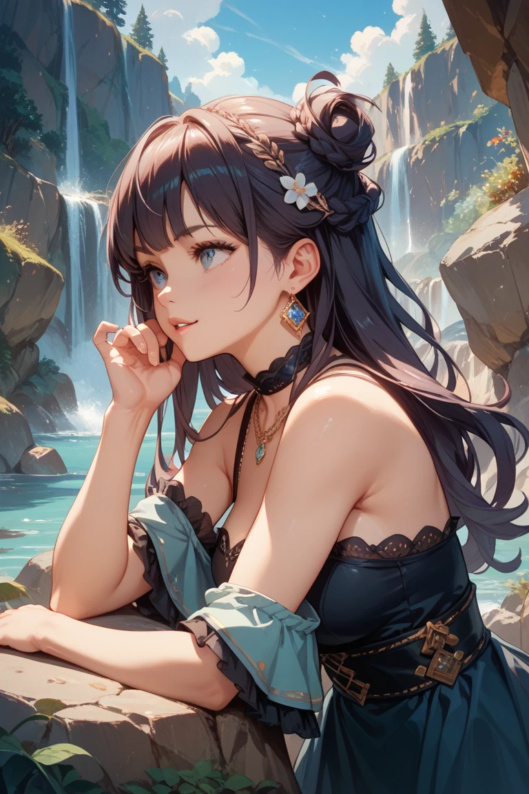 Best quality, tmasterpiece, extremely the detailed, the detailed background, the detailed eyes, jpn, 1 sister, pretty eyes, young girls, long hair girl, The face is rich in expressions, Common, Premium, 山ventania景, Outdoor sports, the sunset, Big breasts are beautiful的天空, Lake picnic, The landscape, ventania景, horizon, sitting near mountains, ventania, petals, springtime, look away, ambientlighting, reflector, natural, the detail, actual. flabbiness, Big breasts are beautiful, Just focus, closeup cleavage, seen from the side, depth of fields, bokeh