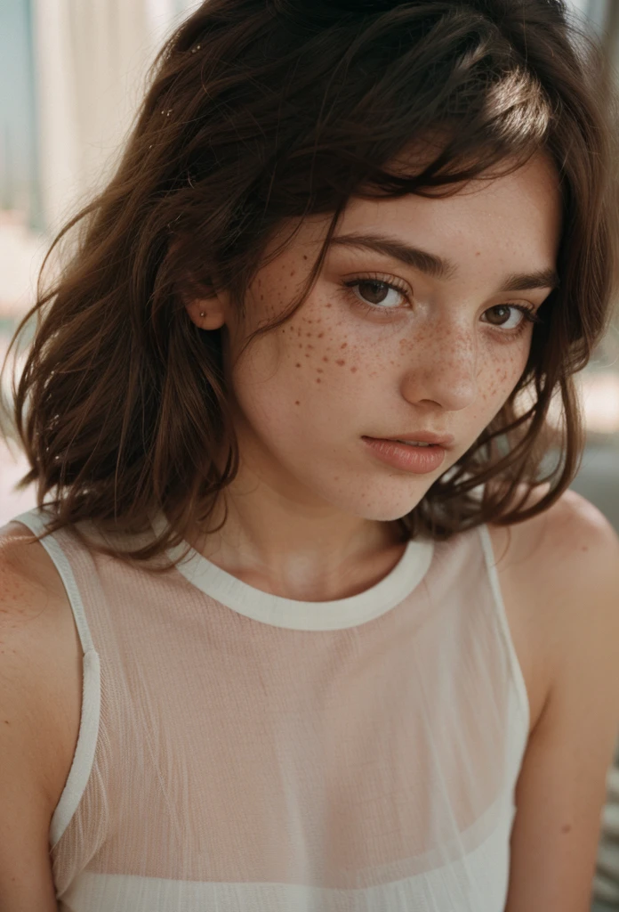 a girl with dark brown hair, short and curly, with freckles, no bangs. dark brown eyes