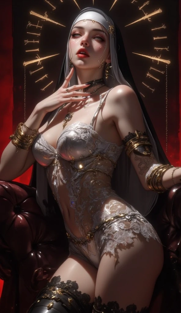((Highest quality)), ((masterpiece)), (detailed), One girl, sexy、((Nipple piercing))、Pierced earrings large ring、lingerie、View Viewer、Blushing、Shy、Many layers of eyes、Beautiful eyes、Simple stockings、Large nipples、(Full Body Tights)