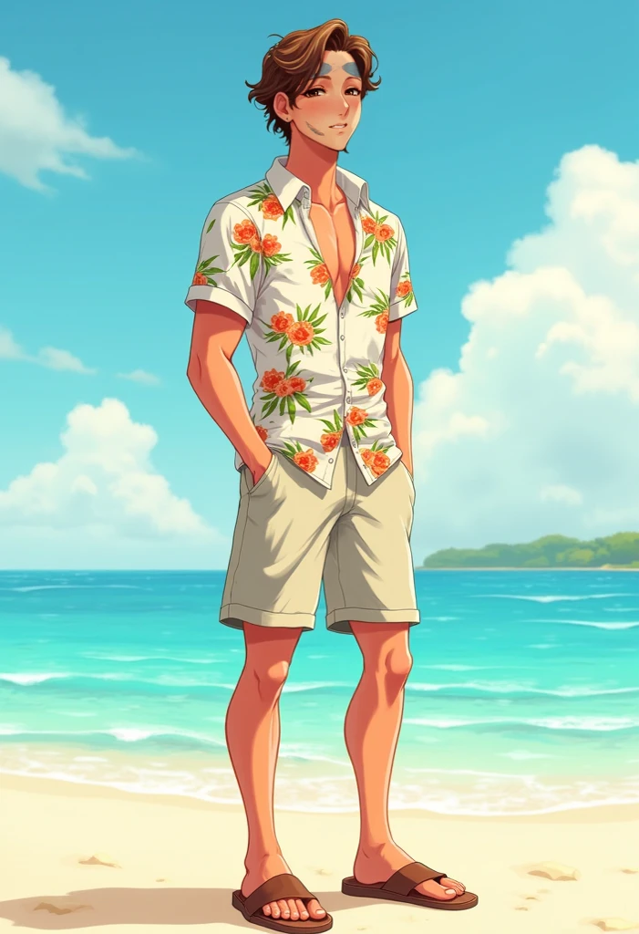 Tetsuro Kuroo, playa, white swimsuit with red flowers and white shirt with red flowers