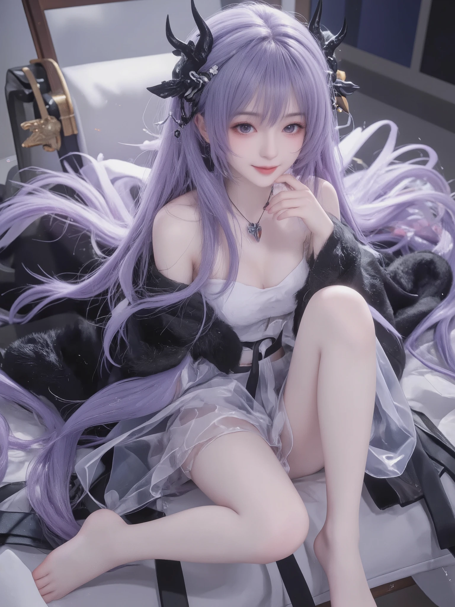 Violet hair, long straight hair, very very long hair, elegant smile, black dragon head ornament, black sexy fury Transparent robe and mini skirt, off shoulder, dress off, undress, barefoot, sitting on long coach, right leg crossed over left, Looking down on the viewer, pale and smooth skin, purple eyes, imaginative adventure atmosphere, close-up perspective with well-balanced focus and depth, huge breasts.