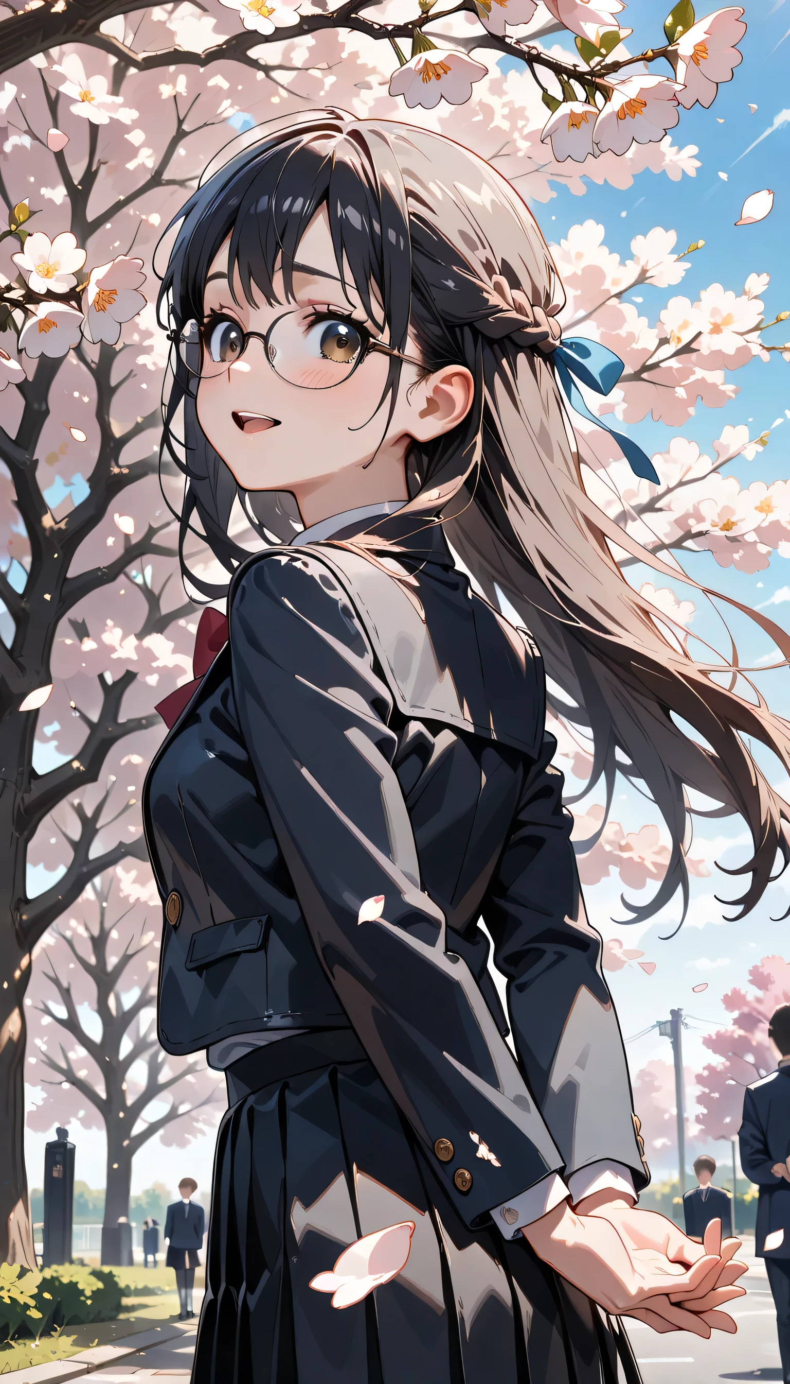 ((ultra-detailed)), (highly detailed CG illustration), (best quality:1.2), ultra-highly detailed, colorful composition, artistic photoshoot, ((upper body:1.3)), 1girl, solo focus, moe anime character, girl, dainty facial structure, (baby face), (round face), ((rounded chin:1.2)), ((ideal ratio body proportions)), brown eyes, ((moist eyes:1.4)), ((wearing glasses:1.3)), ((round eyewear:1.3)), ((black hair color)), long half, ((half updo)), (hair ribbon with red), ((hair is swaying in the wind)), ((sad smile:1.4)), ((cry:1.4)), ((shedding tears:1.4)), ((blush:1.3)), ((open mouth)), ((put hands behind back:1.4)), sample breasts, school uniform, navy blue blazer, modern style with fitted jacket, red neck bow, long sleeves white frilled shirt, navy blue pleated skirt, and black high socks, white panties, ((the wind lifts skirt)), ((from behind:1.3)), ((turn around:1.3)), expecting, pink cheek, blush, light pink gloss slip , beautiful detailed sky, Standing straight, ((standing under a big cherry tree)), ((cherry blossoms in full bloom)), ((cherry blossom petals:1.4)), breeze, petals dancing in the wind, shining sunlight shines, best quality, masterpiece, portrait, depth of field, soft lighting, backlight, (shine), lighting, caustics, ray tracing, perfect face, lustrous skin, highly detailed face, highly detailed eyes, perfect face, perfect nose, perfect hair, perfect eyes, perfect anatomy, beautiful hair, beautiful small face, extremely detailed face, beautiful detailed eyes, beautiful clavicle, beautiful body, beautiful ample breasts, leavage, breasts squeezed together, equalize the size of the left and right breasts, beautiful thin thighs, beautiful legs, beautiful fingers, 4 fingers, 1 thumb, lovely, (very detailed background:1.0), (highly detailed background:1.0), spring aesthetic, intricate details, parting atmosphere, spring colors palette, chromatic aberration