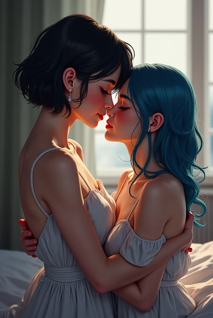 Sexy naked mom with big ass big tits having sex with her son on a bed with a window and they both have blue hair and show their body
