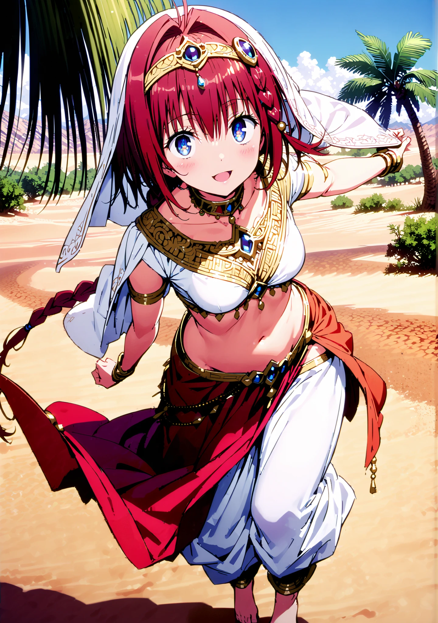 Kurosaki's thing , stupid hair, blue eyes, Single long braid, Hair Intake, hair ornament,red hair,smile,cover,opens her mouth,Medium breast, Harem outfit, White Veil, Arabian clothing, collar , Mousebale, circlet , harem pants, bare feet,gold trim, dancer ,Palm Tree,Dancing,full bodyがillustrationsに入るように,break outdoors, desert,オアシス
break looking at viewer,full body,
break (masterpiece:1.2), Best Quality, high resolution, Unity 8k 壁紙, (illustrations:0.8), (beautiful detailed eyes:1.6), very detailed face, so that it fits into the illustration, Extremely Detailed CG, (perfect hand, perfect anatomy),