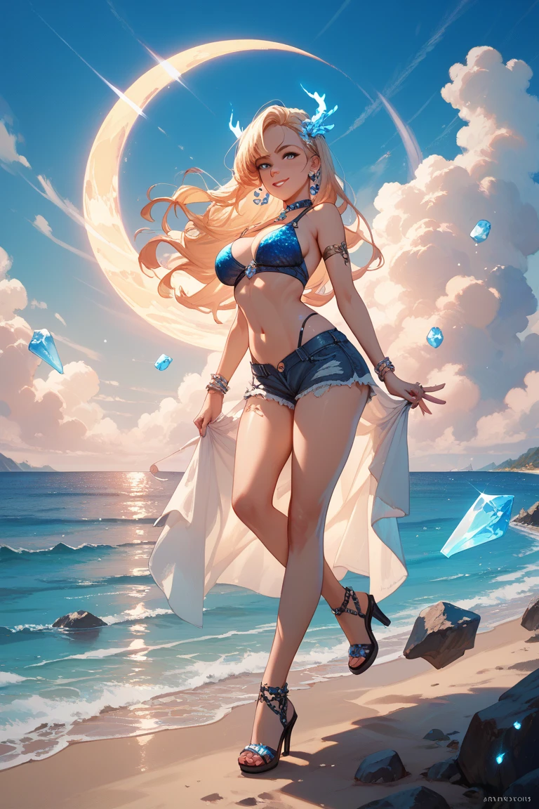 a beautiful 20 year old blonde woman with big messy hair, laying on a fluffy cloud in the sky, fluffy clouds cover her nude body, with glowing moon and twinkling stars, with a small cityscape below, fantasy art style, rossdraws cartoon vibrant , cute detailed digital art, colorfull digital fantasy art, digital fantasy art ), glossy digital painting, rossdraws pastel vibrant, rossdraws 2. 5, rossdraws 1. 0