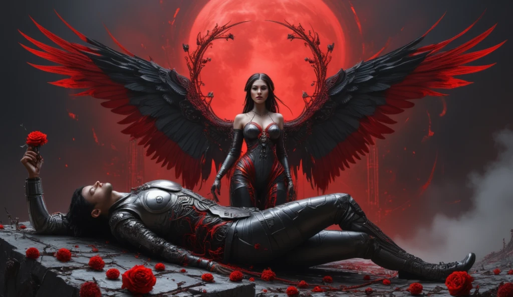 A hyperrealistic image at a high angle of: ((Una sexy mujer arcangel caido con alas negras y grandes, viste ropa sexy y gotica, desgarrada y con gran escote y adornos de metal negro, una corona de espinas negras y metalicas)), (Cabello color rojo despeinado, sucio), con maquillaje gotico, rimel negro corrido, tirada en el piso con dolor, cuerpo esbelto y con cicatrices, pelo color rojo despeinado con una corona de metal negro y espinas. she has fallen a garbage can, paisaje desolador. She is lying on the floor full of hate and pain, raytraced, viento, paisaje desolador y con basura, (aesthetics and atmosphere:1.2), odio, enojada, vengativa, ojos brillantes rojos como llamas，plano amplio, cuerpo completo. (foto cruda, mejor calidad), (realista, photo-realista:1.3), Obra maestra, un extremadamente perfecto y hermoso cuerpo con tatuajes malditos, cuerpo palido extremadamente detallado, Best quality score, ultra dynamic pose, close up, high view, bloody moon and dark atmosphere, pose de odio, fist clenched in anger,  una corona de espinas negras y metalicas, fist clenched in anger, alambre de puas.