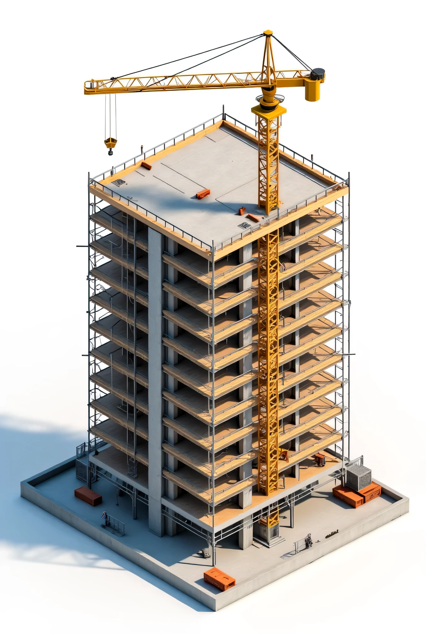 Multi-story building under construction, surrounded by scaffolding, centered, isometric view,  construction site,  crane,  wooden framing, concrete walls, metal scaffolding,  construction materials (lumber, pipes),  bright lighting, photorealistic,  detailed building structure,  construction process,  modern architecture,  3d model,  detailed scaffolding,  perspective,  detailed concrete,  high angle shot,  simple background,  white background,  construction site elements,  detailed wooden beams,  light gray concrete,  yellow crane,  realistic materials.