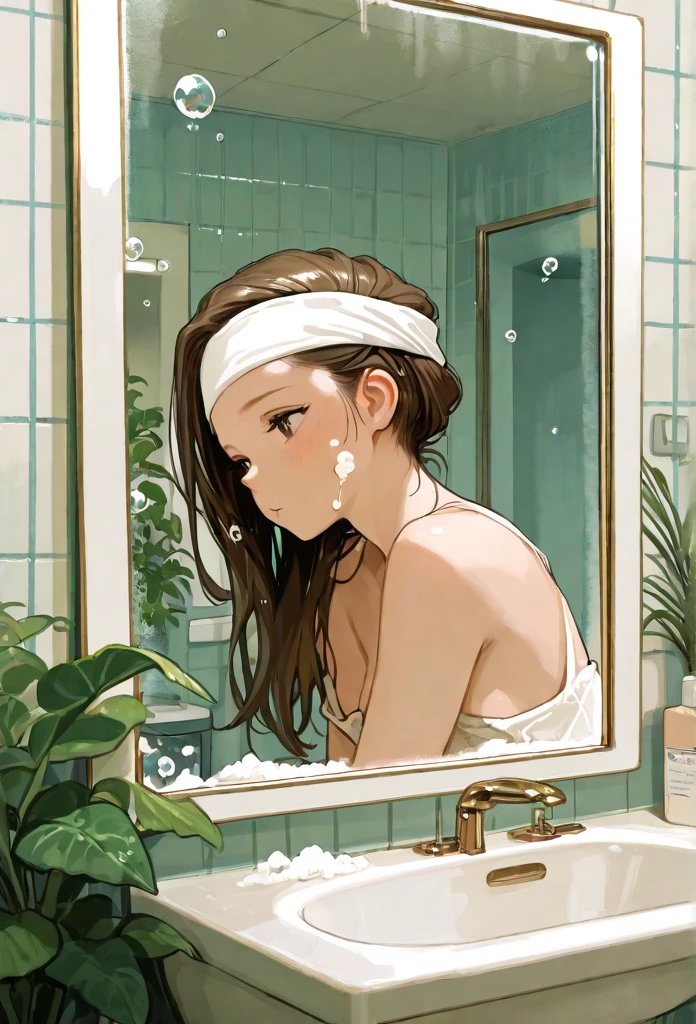 by yogisya,
1girl , looking at viewer, hair ornament, indoors, hairclip, cup, looking back, bathroom, faucet, from behind, off shoulder, bra, window, underwear, brown hair, smile, mug, medium hair
best quality, masterpiece,