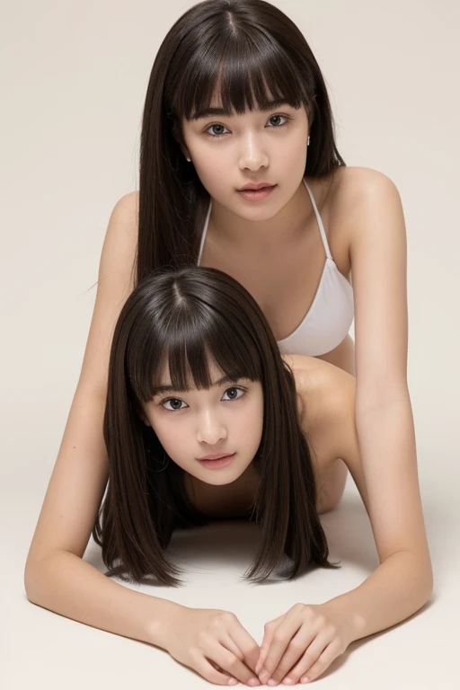 NSFW,masterpiece,(best quality:1.4),(8k,raw photo,photo realistic:1.2),best quality,high quality, masterpiece,detailed,high resolution,shiny skin,detailed skin,detailed face,detailed eyes,mutated hands and fingers,lightning body,(top-quality, masterpiece: 1.1), ,Naked Femele Japanese Two women's,nipple,navel,vagina,nude,smile face,summer,daytime,resort beach,blue sky,wrestling kick pose,black hair,smile face,