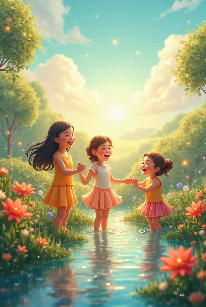 Janret in cinemetic 3d caton stail Children Walking on Water":** A serene scene with children casually walking or dancing on the surface of a crystal-clear lake within the school grounds, surrounded by lily pads and blooming lotuses