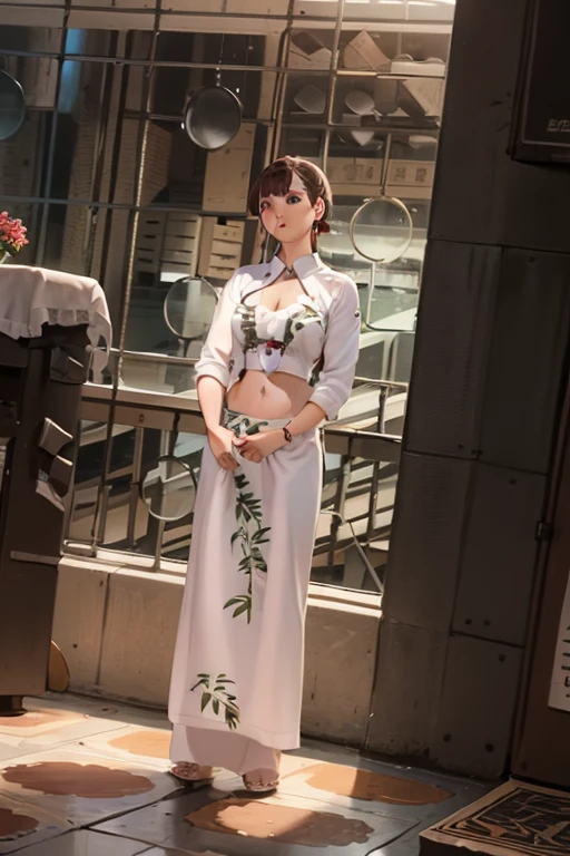 8k, RAW photo, best quality, masterpiece, looking at viewer,  black hair, detailed eyes, short hair,  bangs, outdoors, yellow dress, katana on the back, upper body, knee boots,