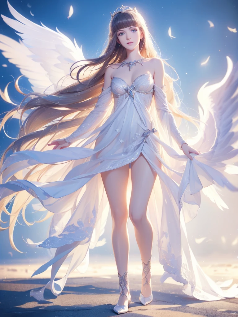 a very beautiful and graceful angel was standing on a very white and soft cloud, her wings spread very wide and there were very bright particles of light on her wings, the view was like heaven which was very beautiful and also like a fantasy world