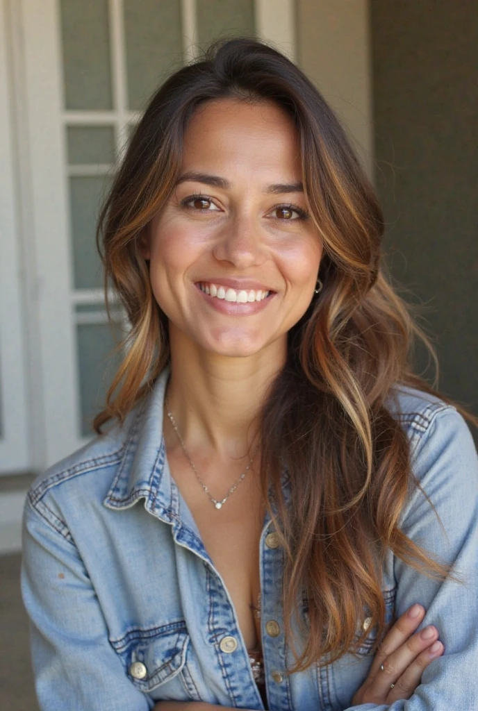 Mother, age 42 years, lush, wavy brown hair, Casual outfit, Houses, four hands, realistic, high detail photo, super realism