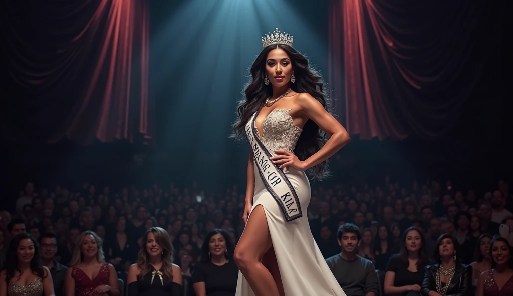 a woman posing for a picture, arabic goddess, traditional beauty, arabic, beautiful goddess, middle eastern girl, arabic super model, beautiful, gorgeous woman, middle eastern with long, sweet shy arabic, gorgeous beautiful woman, Arabian aesthetic, beautiful middle eastern girl, extremely detailed goddess shot, jaw-dropping beauty, big boobs deep cleavage, wearing crown, being crowned at a beauty contest, wearing a beauty queen sash, behind her a miss universe stage, being given title of miss universe, wearing beautiful dress, getting crown for miss universe, purple dress, spotlights behind her,