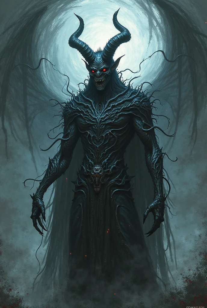 chtulhu, the awoken god, draped in human skin as clothing. h.p. lovecraft inspired beeing fom the book necronomicon and other lovecraftian stories. human like body, scary big and longer octopus head with tentacles and fish eyes on sides and mouth with many sharp teeth, demonic wings, miskatonic university, chtulhu sigill