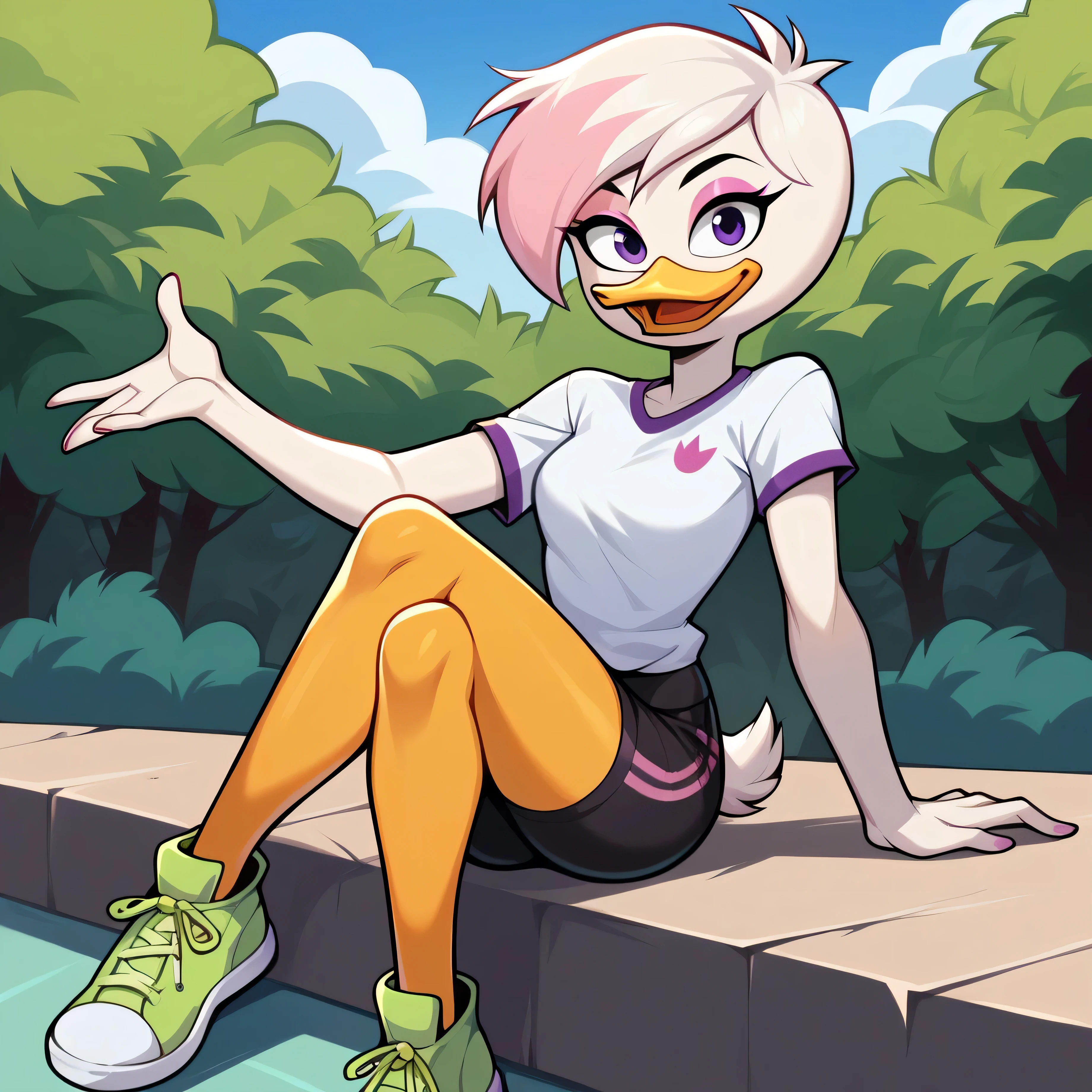 source cartoon, 1girl, female, solo, duck, beak, lena sabrewing, ducktales, duck, beak, reaching towards viewer, medium chest, white shirt, white skin, tight shorts,white hair, pink highlights, short hair, eyeliner, purple eyeshadow, pink eyeshadow, orange legs, sneakers, friendly, sexy, smiling, happy, looking at viewer, sitting, sunny, eye lighting, outdoors:1.2,