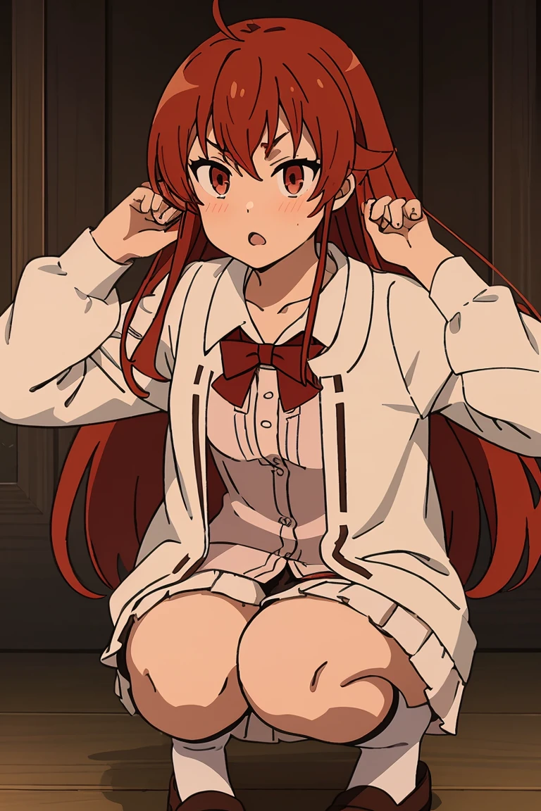 best quality, (masterpiece:1.2), detailed,
1 girl, alone, Keep your mouth shut, faint smile,
long hair, Red hair, ahog, red eyes, black headband,
white dress, bare shoulders, neck strap, black ribbon, Dark brown skirt, long sleeve standing, looking at the audience,
indoors, ((Squatting, spread your legs)), white panties,raise arms, Arms behind head,
