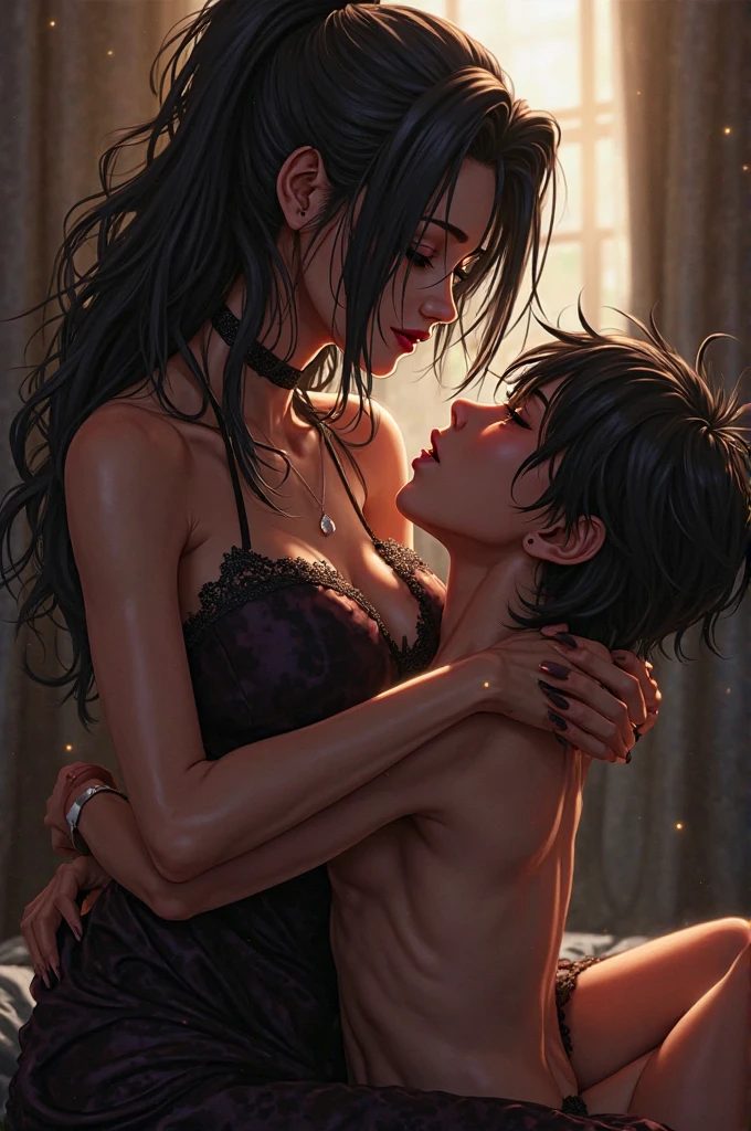 adult mother 50 years old, underwear at home naked crotch pubic hair, has sex with his little son, son looks surprised, mother in lingerie hugs her little son, son inserts big dick into mother.