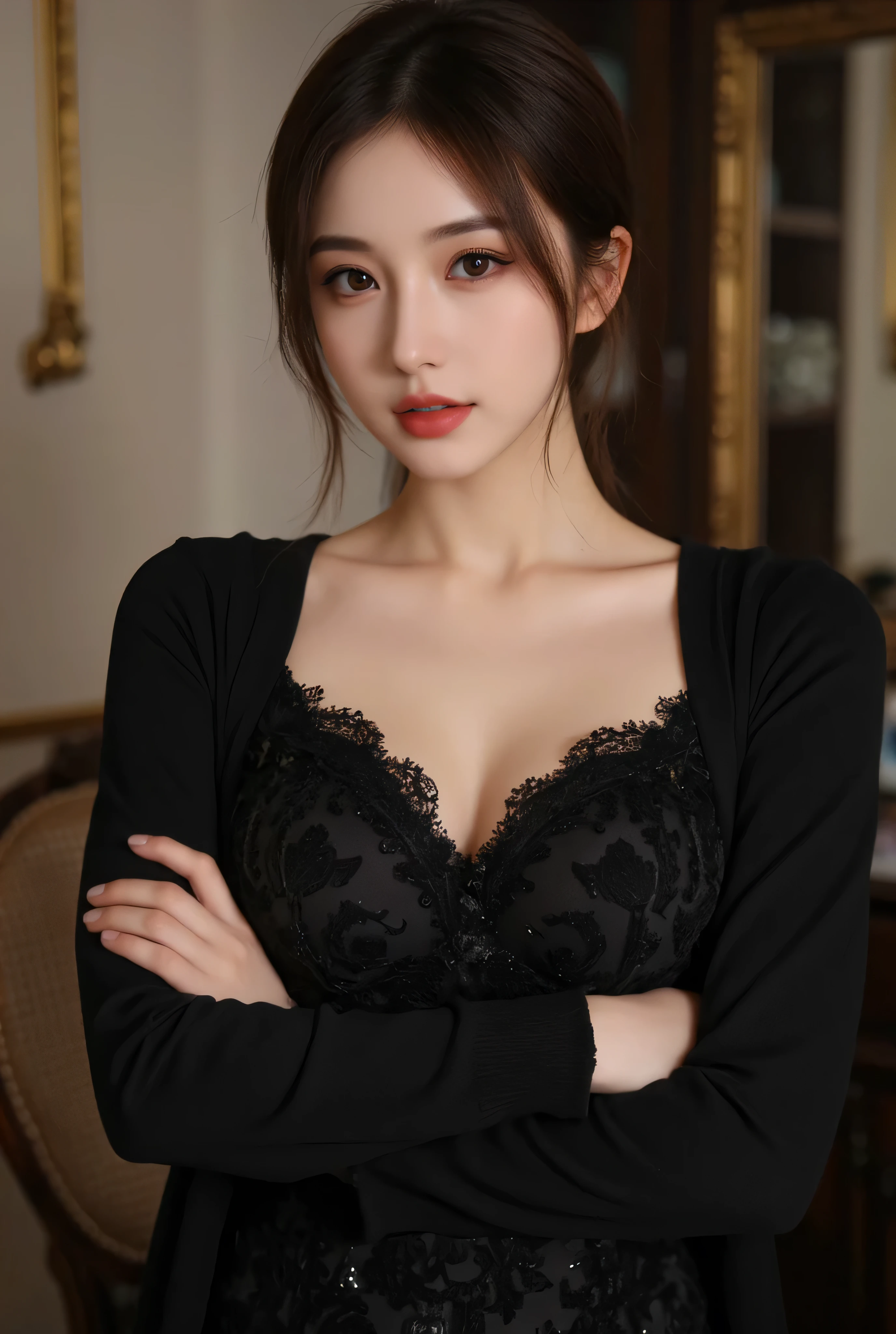 ((best quality, 8K, masterpiece:1.3)), Upper Body, Sharp focus:1.2, Beautiful woman with perfect body:1.4, Slim abdominal muscles:1.1, Office Background, ((Huge Breasts:1.5)),((See-through clothing,Transparent clothing)) (She was wearing a beautifully decorated lace top, Deep U-cut vest, Bursting breasts, Slim and toned waist, nipples,Covered nipples,Big busty ass, カメラ目線でlol:1.2), Highly detailed face and skin textures, Delicate eyes, double eyelids, 25 year old female, Mature woman, lol