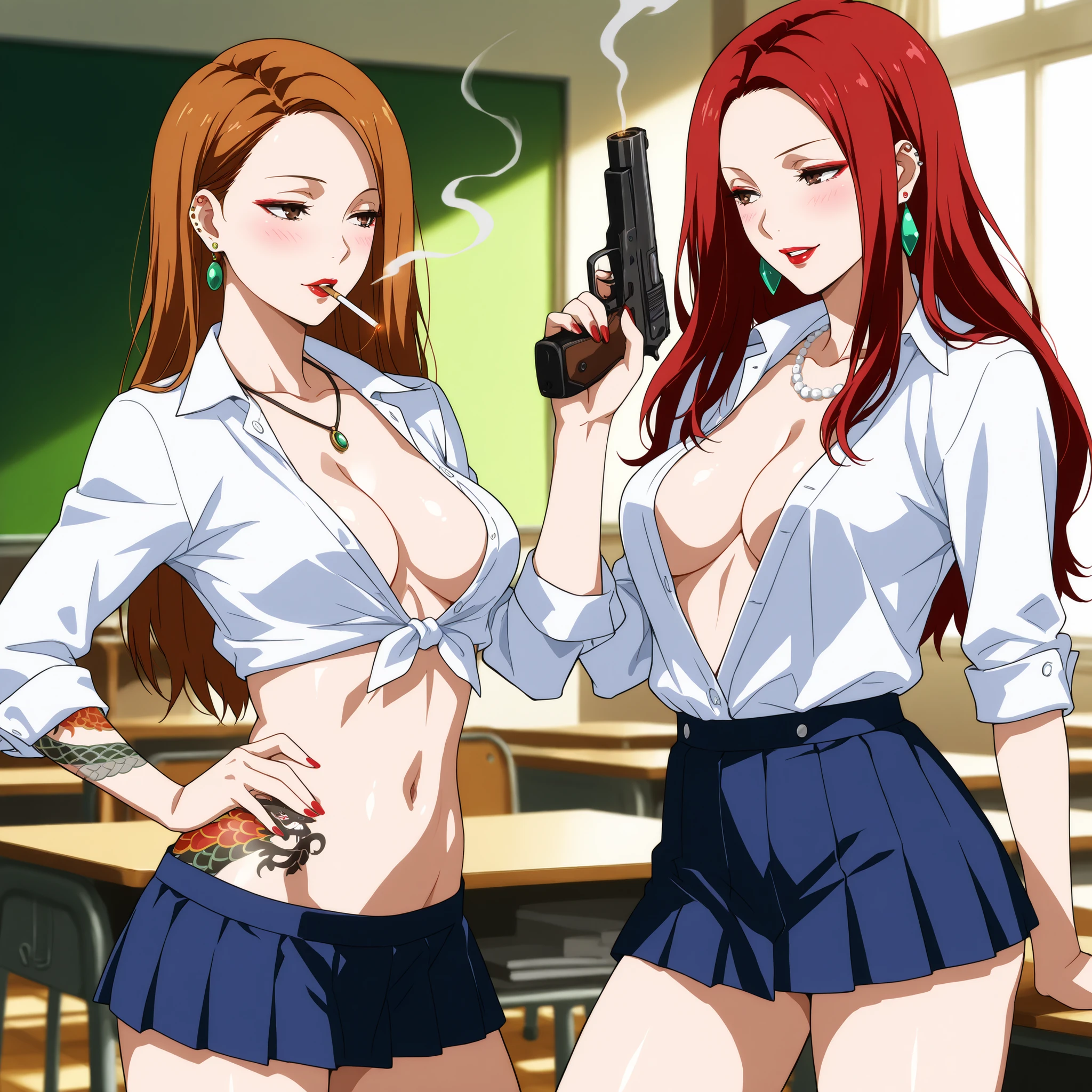 mature female , 2girls , two girls, long hair, high detailed, best quality, ,red lipstick ,medium breasts,, milf, necklace ,,, ear piercing, long hair, blush, lipstick,Hot girl, baddie, smoking, sensual, attractive ,masterpiece, best quality, ((unbuttoned school uniform, cleavage, necklace, earrings, sexy
body,, breasts)) , micro skirt, smiling, navel , exposed belly, exposed navel,
(nsfw) not safe for work,school, classroom , hold a gun,knot, holding pistol,,,open mouth, dragon tattoo , narrowed eyes , tattoo midriff , looking at wiewer, Tokyo Ghoul Style