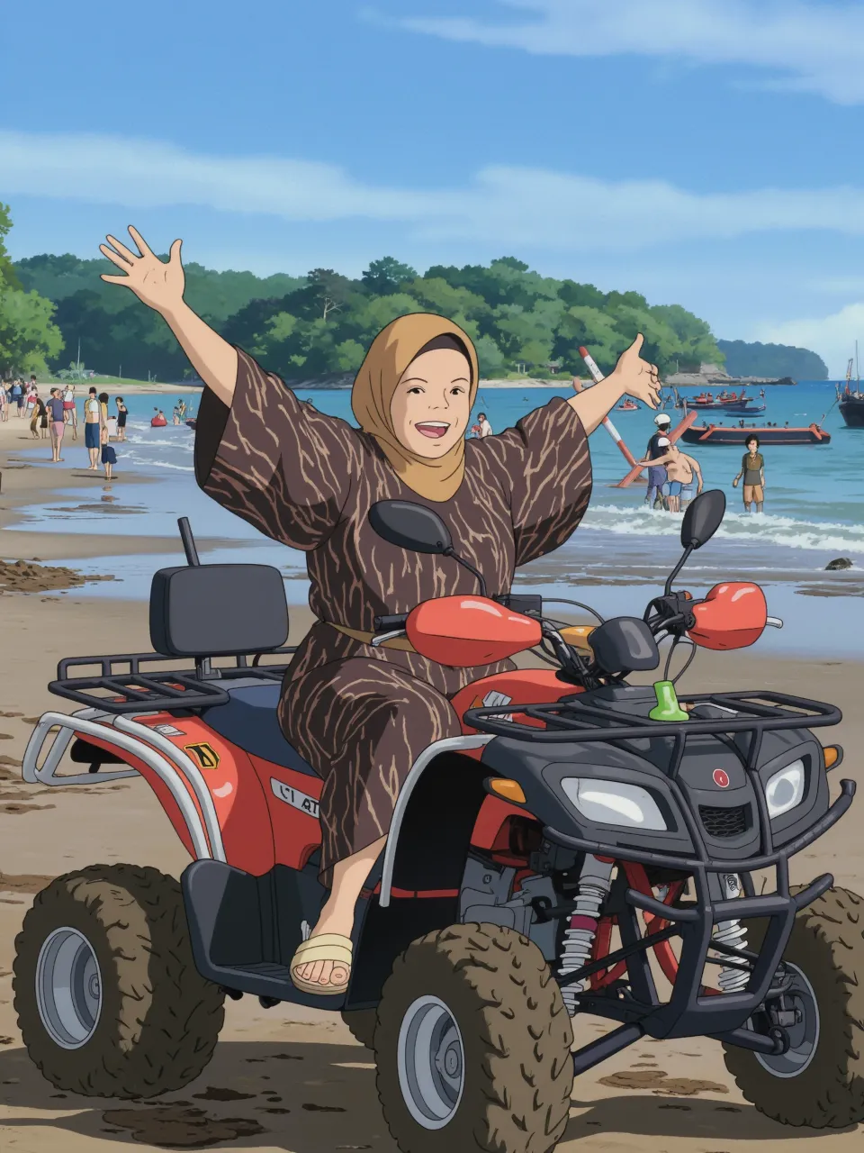 A Malaysian woman (age 40, busty, big butt, hourglass figure, tiny bikini, peach hijab no hair showing), riding a surf board, coast, riding a surf board, show her from head to toe