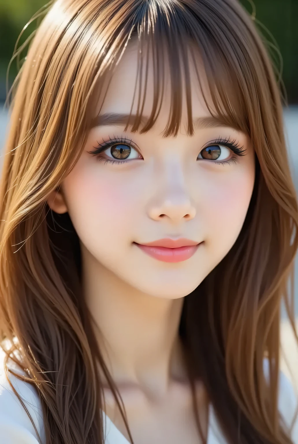 masterpiece , high quality, super detail, super high image quality, 8k,16k,32K, 最high quality , Detailed Faces, Detailed brown eyes, well-groomed eyebrows,18 year old girl,cute face, Bangs,straight hair,bangs ,Half Smile , Outdoors,Viewer