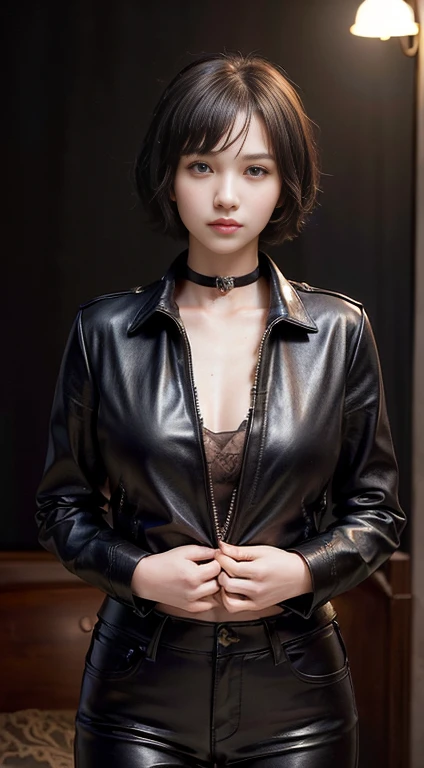 21yo girl, black bob hairstyles background. (Wearing yelloy raincoat), wearing hot pants, cleavage, plump body, hands on the wall, back to back, face forward. Dark background. Voncrete background. Magenta Polaroid. Retro. Flash light