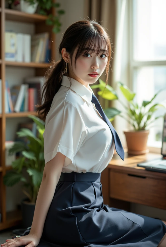 ((最high quality, 8K, masterpiece: 1.3, Ultra HD, high quality, 最high quality, High resolution, realism)) 、An extremely beautiful 18-year-old Japanese woman、hair color is black、black eye、medium hair、straight hair、smile、Slender but well-proportioned, slim and muscular body、Athlete-like body type、I don't want my head to disappear from the screen.、Sailor uniform、Wear a navy blue pleated skirt、wear loafers、Brown inner color((colored inner hair))、Hair behind ears((hair behind ear))、hair band((hair ribbon))、Vertical roll on one side((side drill))、Being in the karaoke box、マイクを握ってsmileで熱唱、put a scrunchie on your wrist