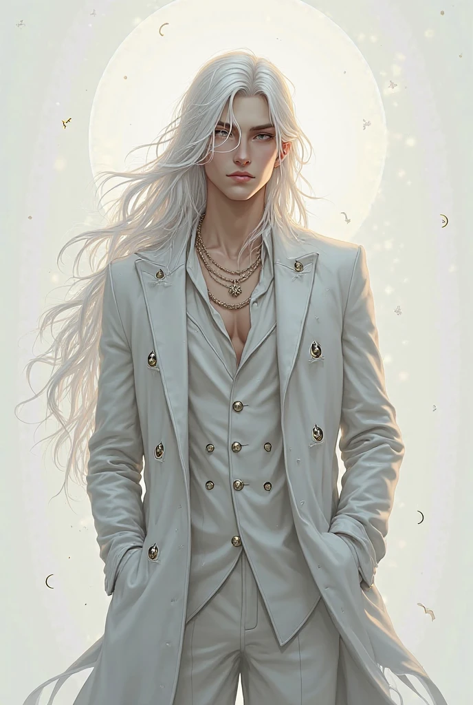 masterpiece, highest quality, (solo focus), (perfect face:1.1), (high detail:1.1),dramatic, 1guy, (pale skin), long white hair, white eyes, [light eyebrows], solo, long hair, moon, night, black luxury g String, covered navel, pouty lips, covered, futuristic city, detailed background, art by artgerm and greg rutkowski, cinematic lighting, roses, fashion, BalenciagaStyle