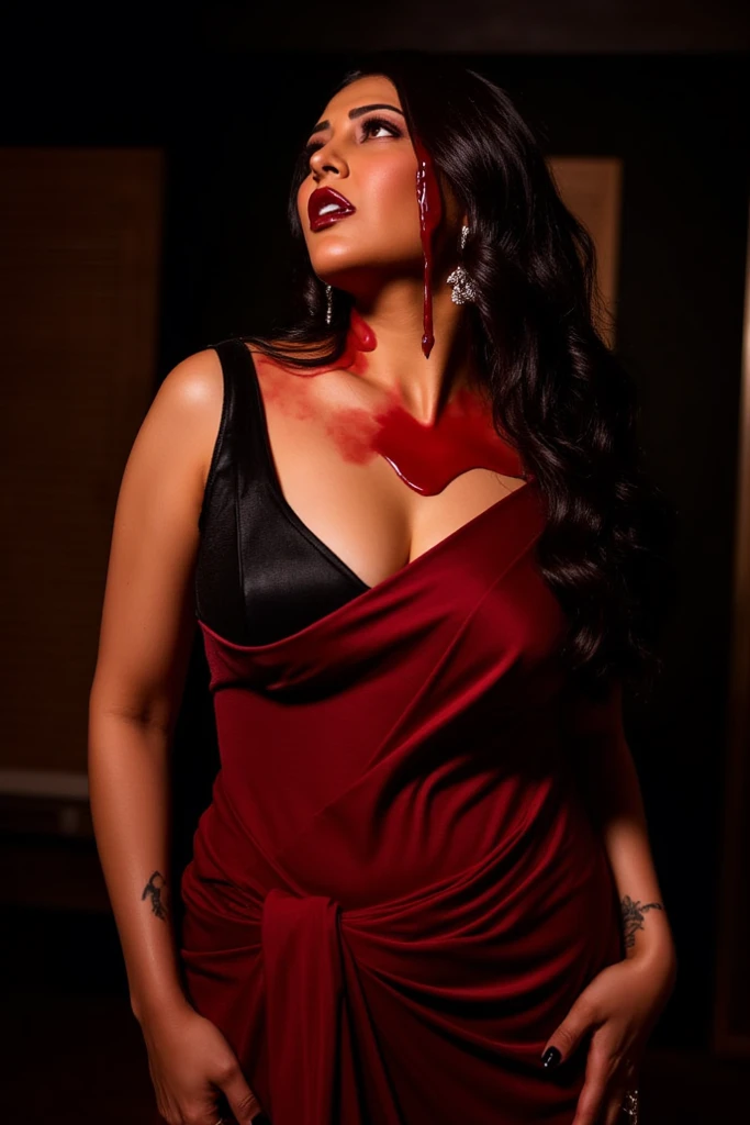 Big chubby aunty, milf, cougar lady witch, horny Gothic milf, 24 years old gorgeous mature lady, pervert demoness, demoness of lust, curvy, red lips, horny face, extremely gorgeous, thick figure, heavy physique, voluptuous, curvy, sexy figure, Fashionable portrait of androgynous alien looking witch wearing veil, glowing eyes, futuristic design, minimal details, givenchy, photoreal, 200mm, hd, f/ 2.0, highly detailed, surreal, sexy beautiful evil woman, sexy bold sequin red Saree with strapless Bra, chudail, Pishachini, horror genre, blood-thirsty enchantress, powerful female spirit, eerie, drop dead, in the style of red and blue, (intricate details, hyperdetailed:1.15) (skin texture:1.2), dark Moody tone, cinematic lighting, haunted place in background,