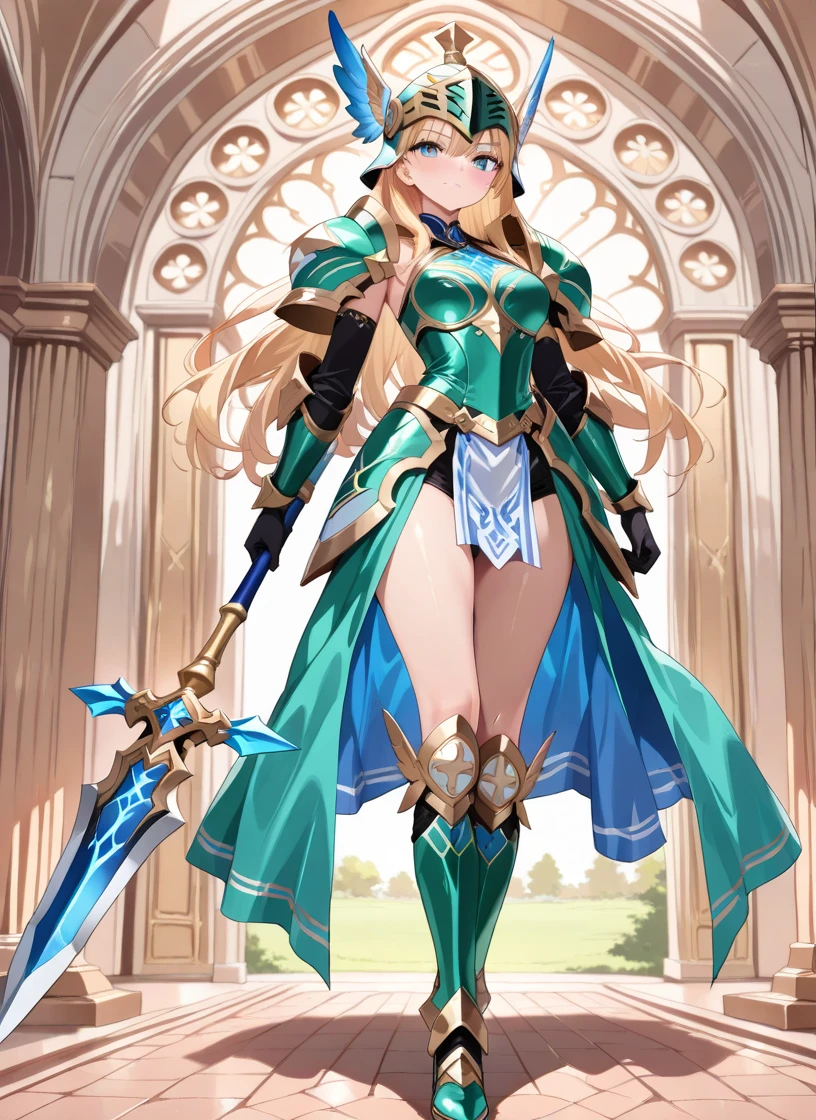 (masterpiece),(best quality),(ultra-detailed),(best illustration),(best shadow),(absurdres),(detailed background),(very aesthetic), 1girl, solo, long-hair, blonde-hair, armor, breasts, navel, boots, looking-at-viewer, cleavage, medium-breasts, armored-boots, midriff, bare-shoulders, simple-background, antenna-hair, high-heels, green-eyes, standing, hair-ornament, gauntlets, greaves, skirt, gloves, collarbone, blue-eyes, very-long-hair, aqua-eyes, high-heel-boots, floating-hair, smile elbow-gloves, ((golden armor)), ultra ornamental details, white details